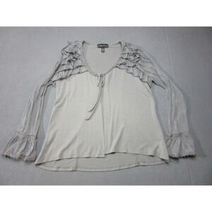 Gretty Zueger Top Womens XL Gray Ruffle Shoulder Lace Trim Bell Sleeve Tie Neck